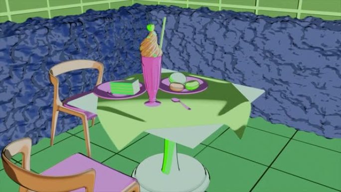 自助餐厅内部抽象，配有冰糕鸡尾酒、蛋糕和杏仁饼。设计。墙壁和家具的对比色。