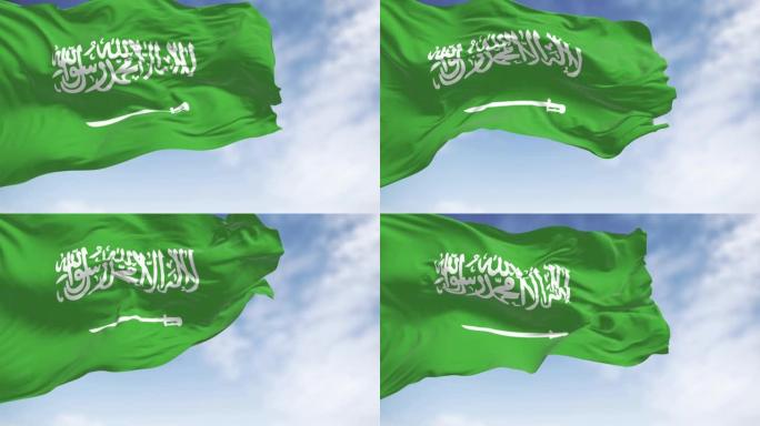 在一个晴朗的日子里，沙特阿拉伯国旗在风中飘扬