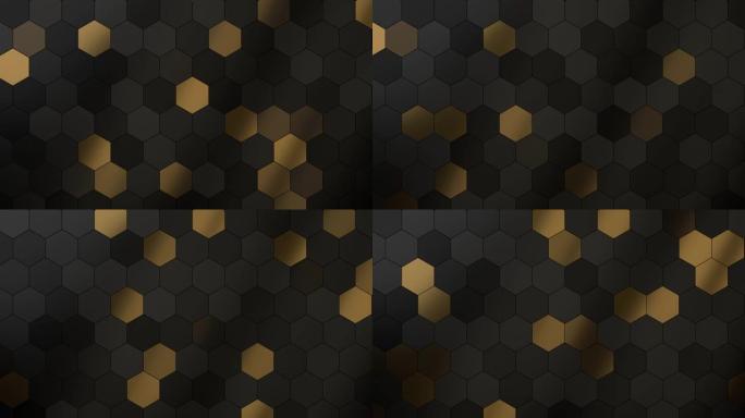 4k抽象豪华六边形几何黑色灰色，填充金色背景。