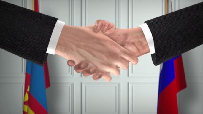 蒙古与俄罗斯的协议握手，政治说明。正式会议或合作，商务见面。商人和政客握手