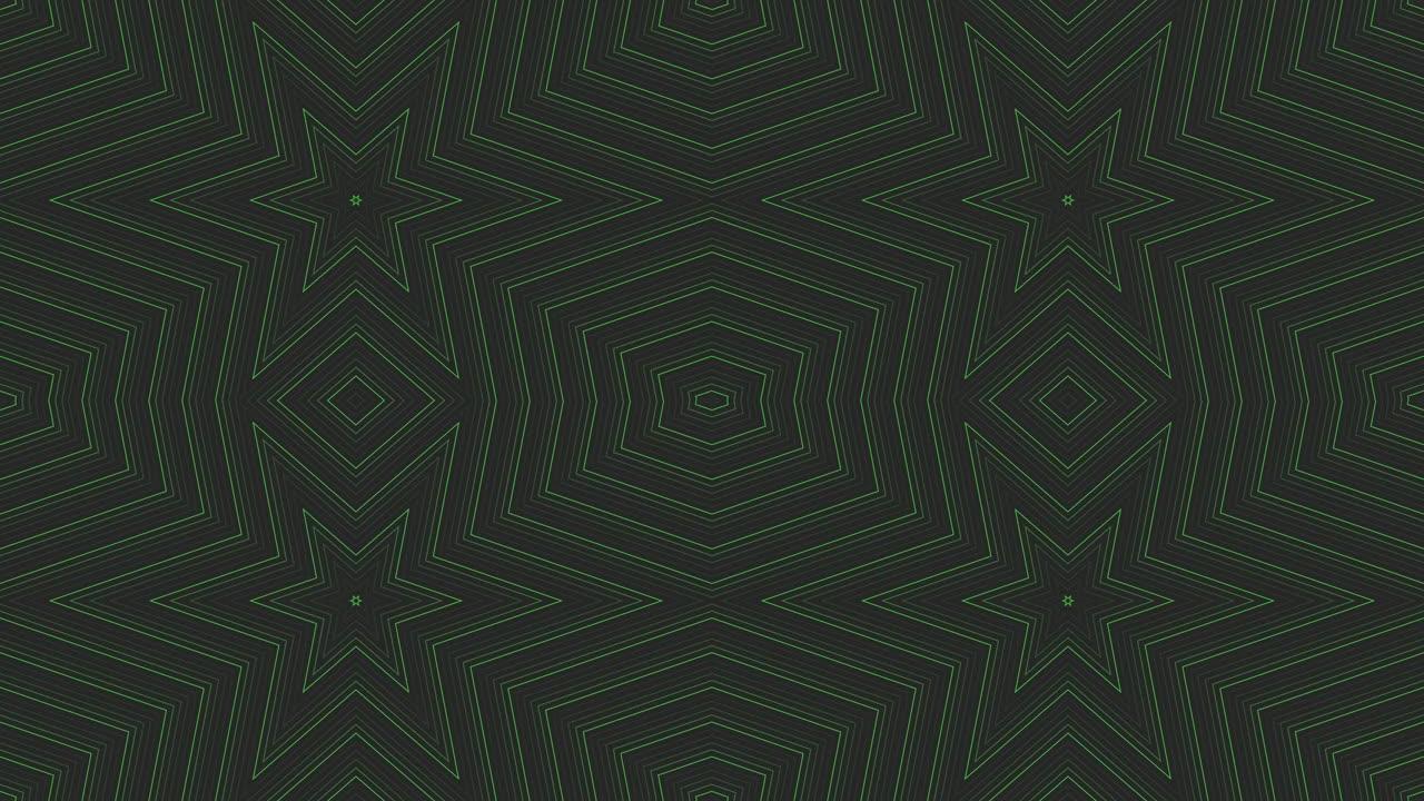 深灰色黑色背景循环上的绿色纤细六角星简单扁平几何。星空电波无尽的创意动画。星星无缝运动图形背景。阿斯