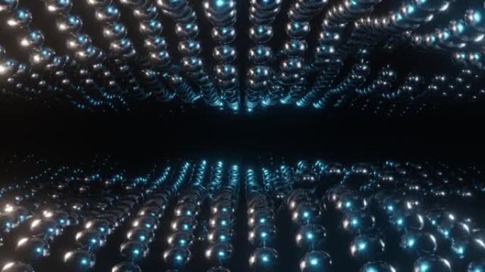抽象3D循环动画。穿过球隧道的运动。设计。黑色背景上的银球隧道。在太空中穿越美丽的银色隧道。3d渲染