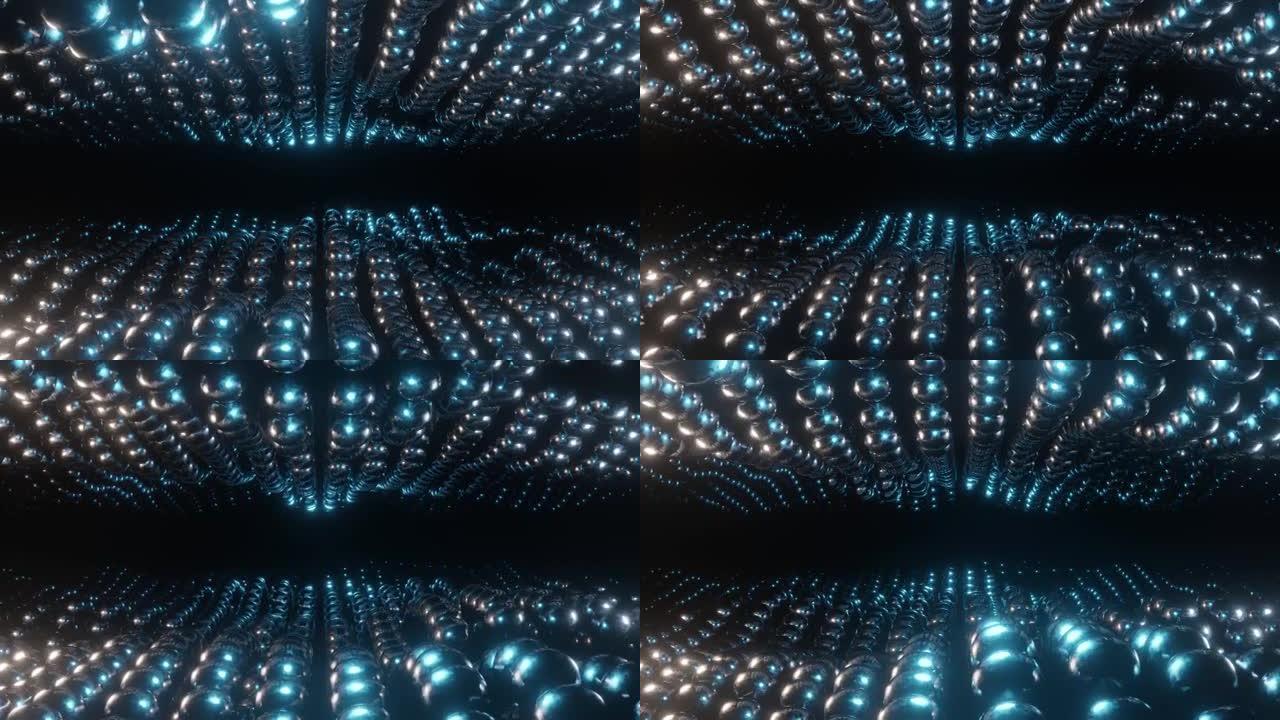 抽象3D循环动画。穿过球隧道的运动。设计。黑色背景上的银球隧道。在太空中穿越美丽的银色隧道。3d渲染