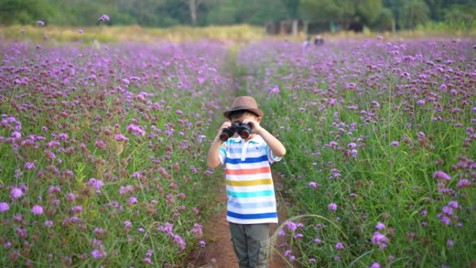 亚洲孩子用双筒望远镜和放大镜在公园和森林里户外学习
