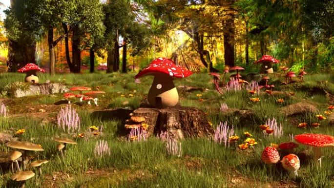 魔术蘑菇森林的日间景观运动图形背景