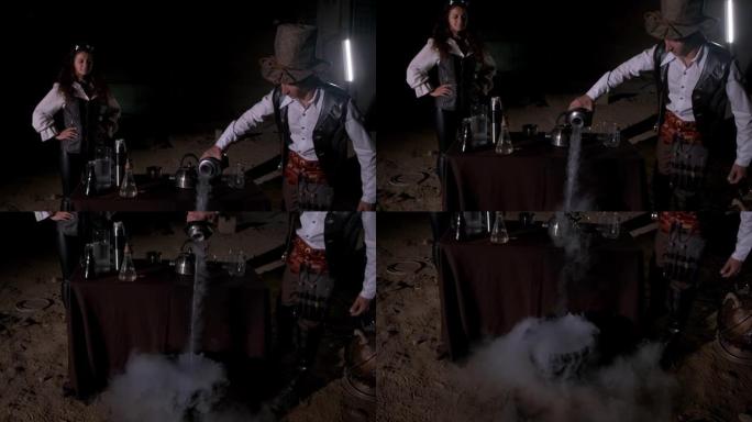 蒸汽朋克。炼金术。一个穿着复古西装和帽子的男人将液氮倒入锅中进行实验。