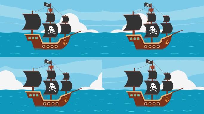 海上航行的木制海盗船2d动画