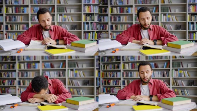 Steadicam镜头: 工作过度的非洲大学生在图书馆为文凭项目进行研究
