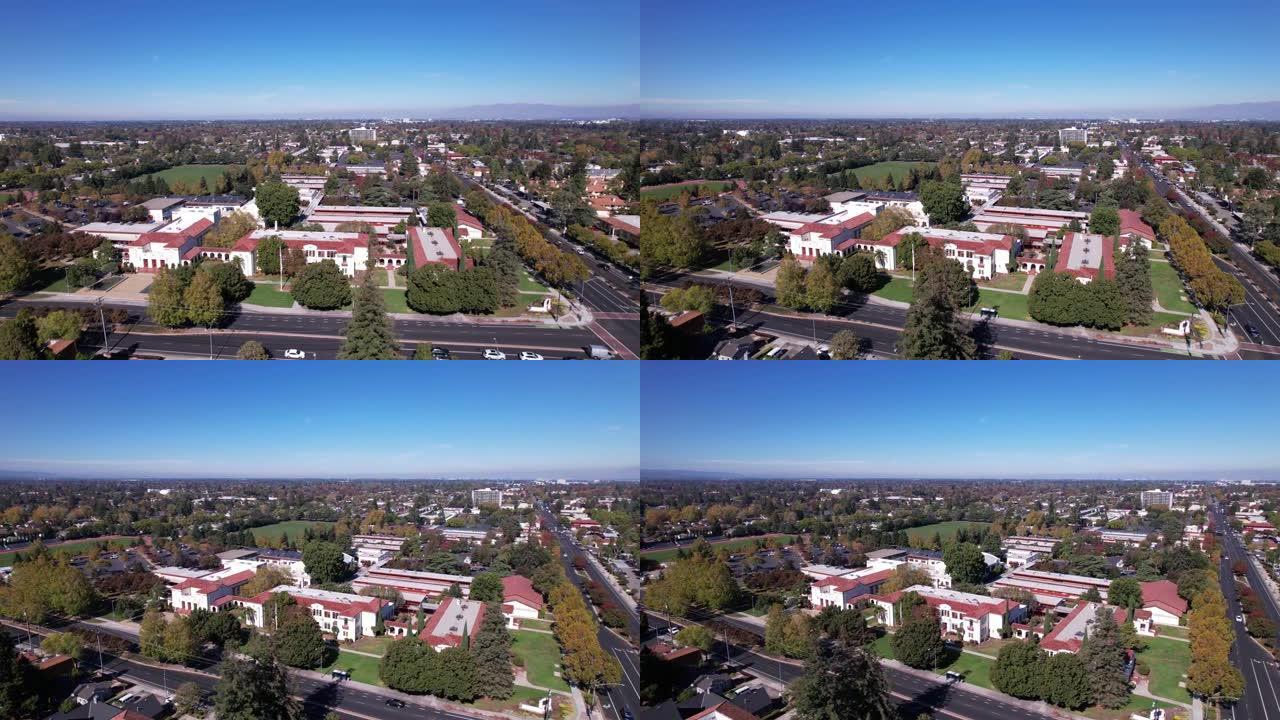 在晴朗的天空下，美国加利福尼亚州硅谷坎贝尔的房屋和树木的无人机镜头