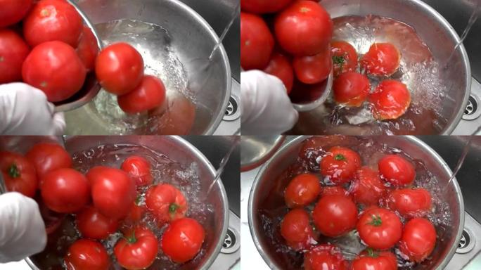 西红柿落入水中，慢动作。