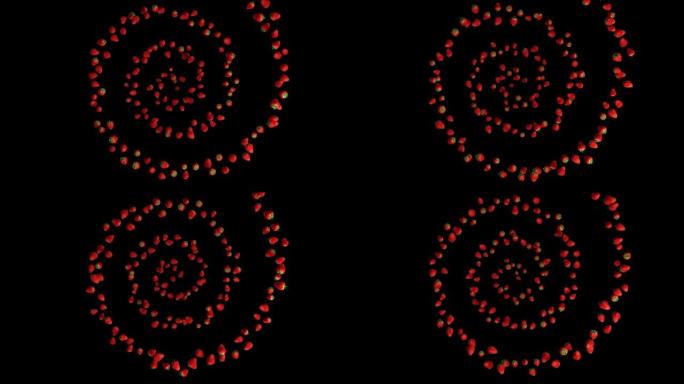 螺旋形状的草莓飞行，上部视图，无缝循环，阿尔法通道