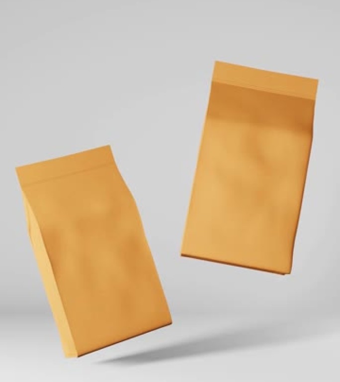纸袋袋咖啡豆品牌浮动3D动画循环垂直。商品包促销设计。空白食品休闲产品牛皮纸包装广告模板。商店送货销