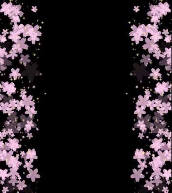 左右两侧盛开粉红色樱花和闪闪发光的星星的动画素材 (透明背景) 垂直类型MOV，带阿尔法通道