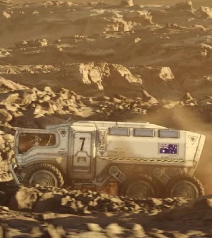 火星行星的太空殖民。带有澳大利亚国旗的火星探测器探索行星表面垂直视频