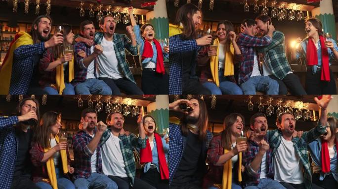 朋友，年轻人，男人和女人在酒吧看足球比赛。球迷情绪激动地为西班牙队加油。喝啤酒。