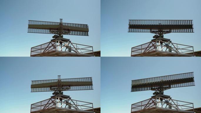 工业军用雷达，用于发射和接收信号，以及监控军用飞机的起飞和降落特写。蓝光天空