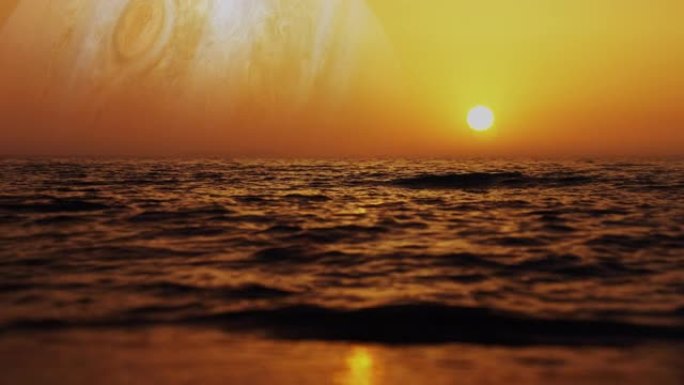 月亮欧罗巴上的夕阳。照亮金海。天空中看到的另一颗行星