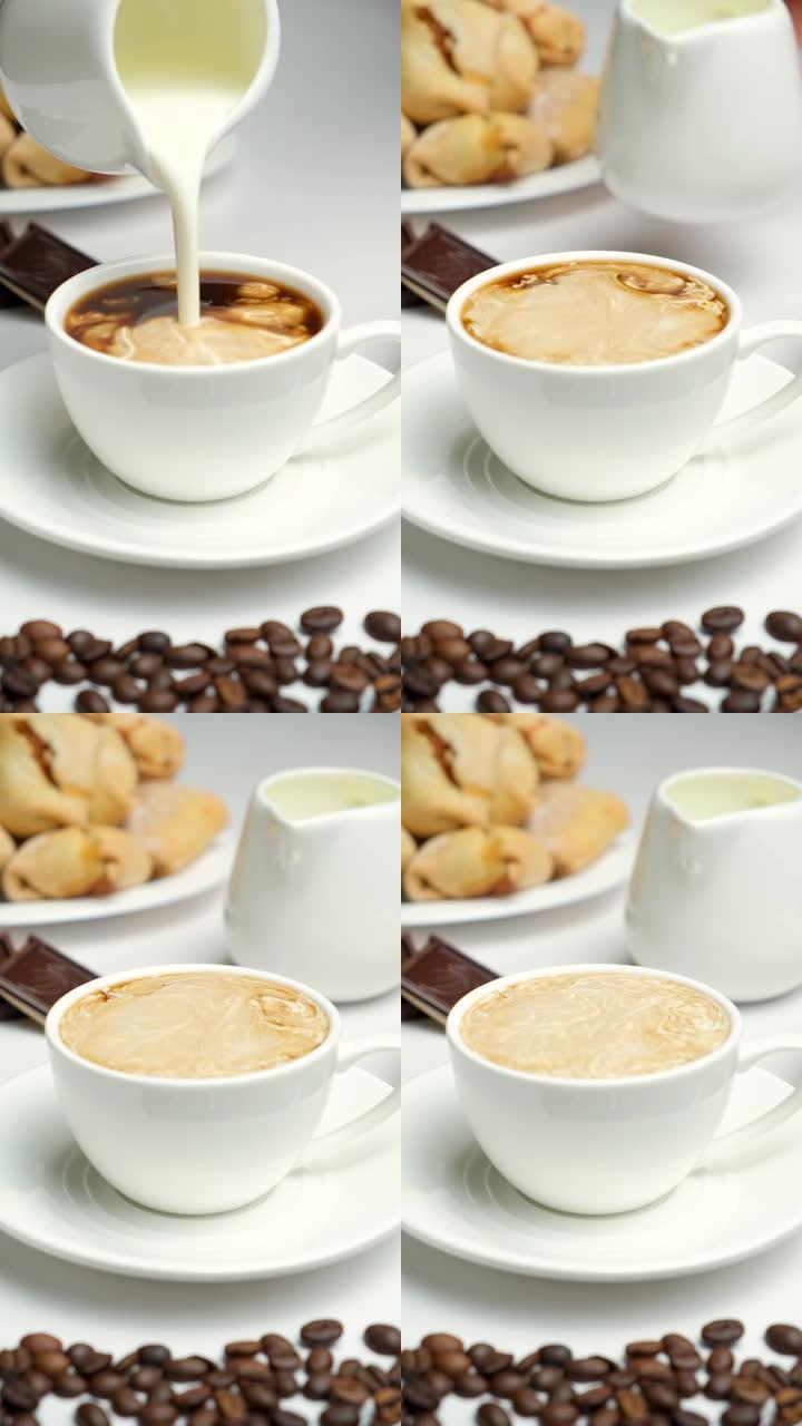 将牛奶罐中的奶油倒入咖啡中，用奶油，卡布奇诺咖啡煮咖啡。