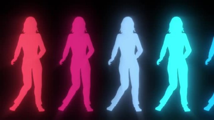 跳舞的女孩剪影放松快乐20世纪80年代跳舞迪斯科音乐，复古VHS效果和复古色彩。免费护理女性团体。八