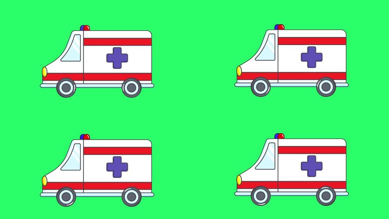 绿色屏幕上的动画救护车。