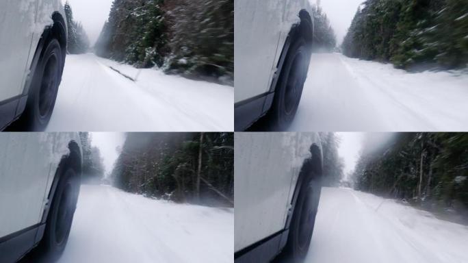 在积雪覆盖的道路上行驶的轮胎视图