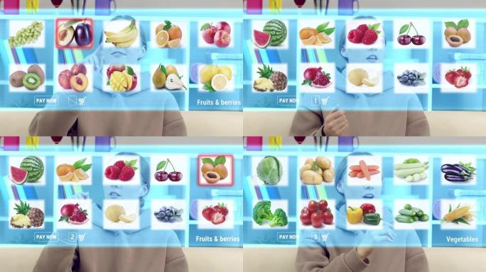 一个年轻女孩在虚拟屏幕上选择水果。