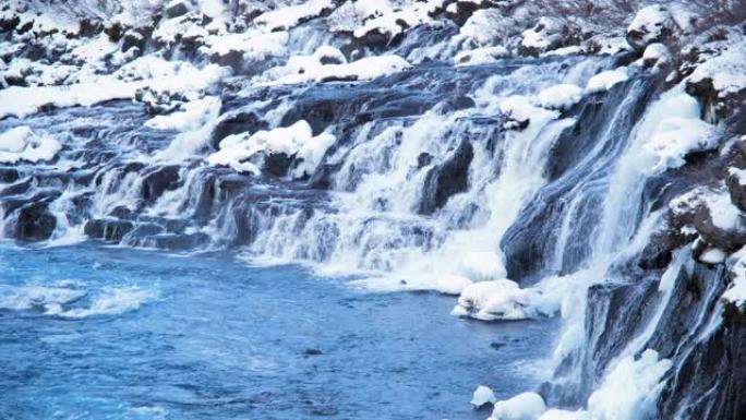 冰岛瀑布雪山寒河冬季清净冰川水