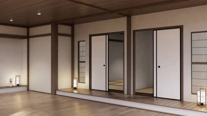 3D渲染无印良品风格，空木房，清洁japandi房间内部