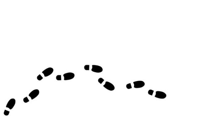 人类足迹动画。从左到右把鞋印留在地板上。步行循环动画，图形运动。白色背景上的人类步骤视频。4K.视频
