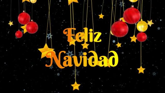 西班牙语圣诞快乐，有雪、装饰球和星星