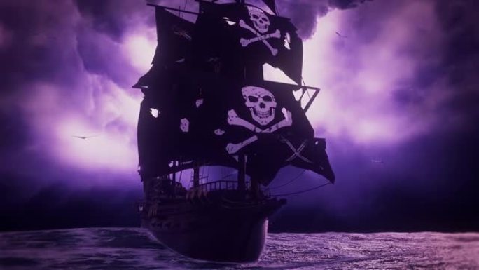 3D欢乐罗杰海盗大帆船在一个波涛汹涌的海环景观背景V