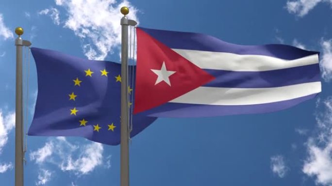 欧盟国旗与古巴国旗在一杆，3D渲染，两个旗帜