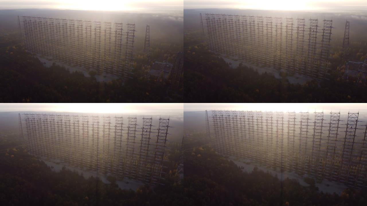 切尔诺贝利附近杜加雷达的放射性森林无人机视图。