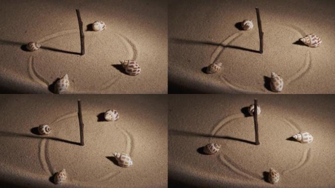 旋转。为日晷设计的风格。沙子里的棍子、阳光和贝壳