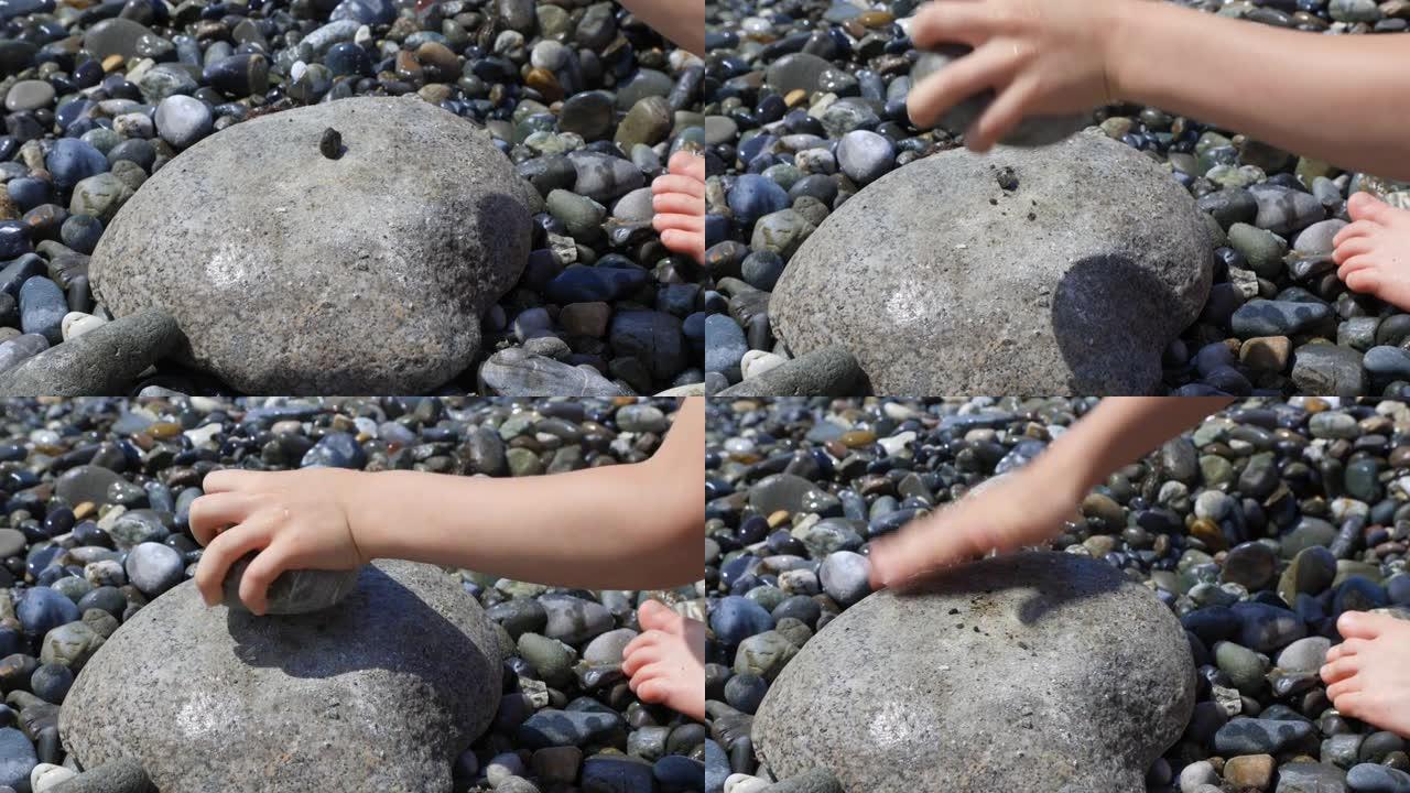 在阳光明媚的夏日，孩子在岸上玩石头
