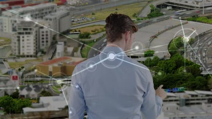高加索商人触摸虚拟屏幕的动画和城市景观上的连接网络
