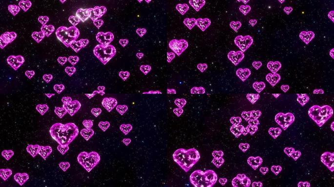 紫罗兰情人节心落在星星空间背景3d渲染循环上。爱情概念，浪漫，周年纪念，母亲节，结婚，邀请电子贺卡