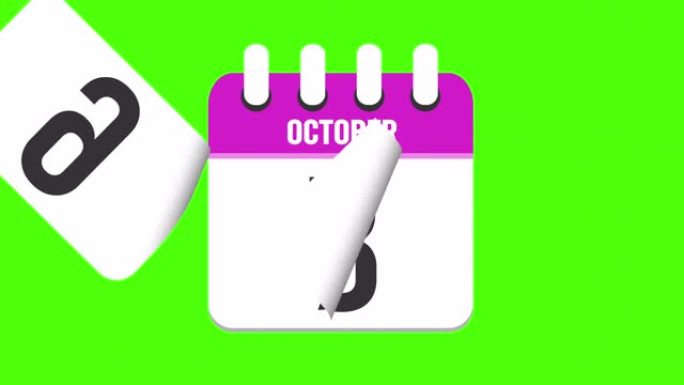10月10日。日历出现，页面下降到10月10日。绿色背景，色度键 (4k循环)