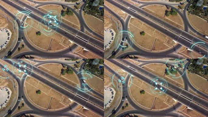 自动驾驶汽车在城市公路上行驶。速度和身份控制系统。未来的交通工具。人工智能数字化和分析道路。从无人机