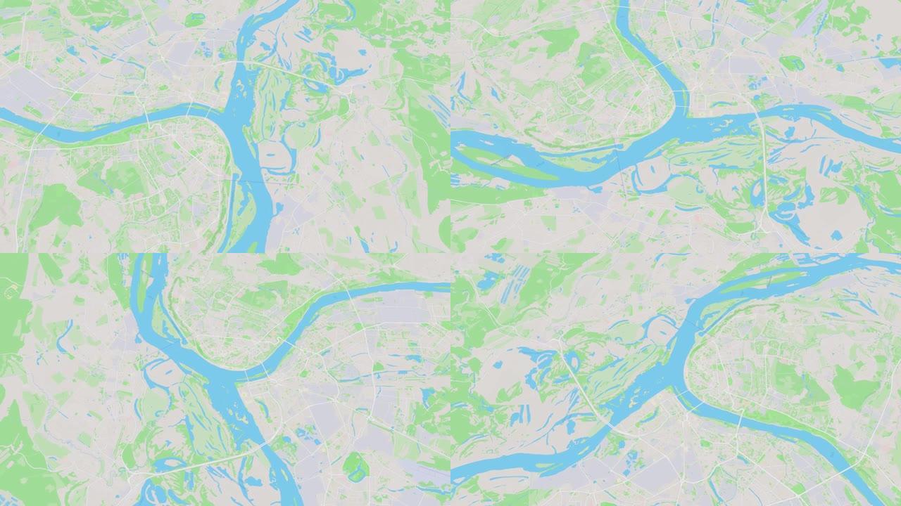 简单常见的下诺夫哥罗德地图背景循环。在城市的镜头周围旋转。在市区背景上旋转的无缝全景。