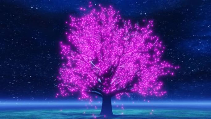 星空下的一棵旋转的树，充满了紫色的灯光颗粒，轻轻地落下
