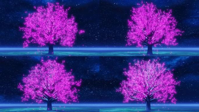 星空下的一棵旋转的树，充满了紫色的灯光颗粒，轻轻地落下