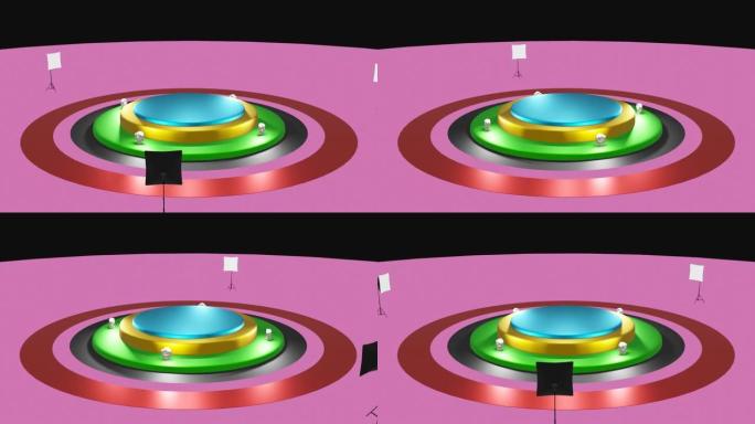 圆形讲台的3D动画，带有放映机和演播室的灯光以及摄像机在其周围旋转