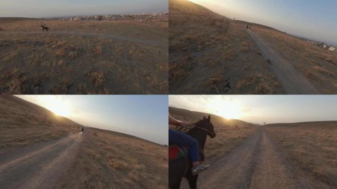女子动态骑乘骑马在乡村路线电影日落秋天场