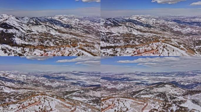 犹他州公园城空中v37高空无人机飞越白松峡谷，捕捉冬季白雪覆盖的自然山景全景 -- 用Mavic 3