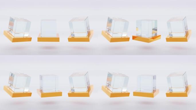金色支架上的玻璃或塑料立方体。空白透明方形陈列柜，展览讲台，白色背景上的水晶块。展示用丙烯酸或有机玻