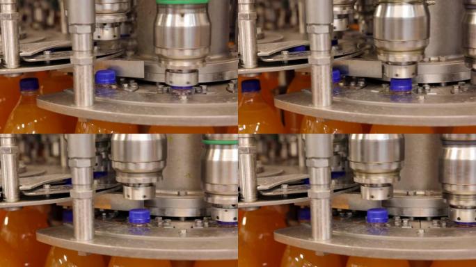B-自动机器的B卷放在瓶装果汁上的塑料盖上
