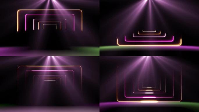 逼真的3d舞台和灯光效果在背景上移动。具有舞台和霓虹灯效果的Spot Light动画。霓虹灯和带有聚