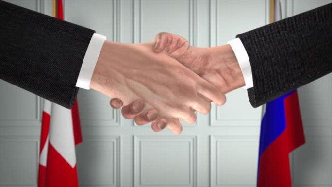 瑞士与俄罗斯的协议握手，政治例证。正式会议或合作，商务见面。商人和政客握手