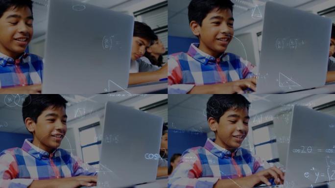 在教室中使用笔记本电脑对男生进行数学方程式的动画